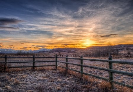 farm fence in the plains at sunset hdr - sunset, hdr, plains, farm, fence