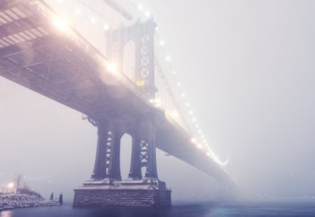 magnificent manhattan bridge in a winter fog - winter, fog, lights, rive, bridge