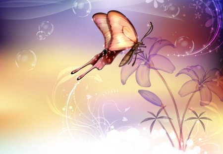 Butterfly Effects - sunshine, wings, bubbles, purple, butterfly, artwork, insect, flowers, flower