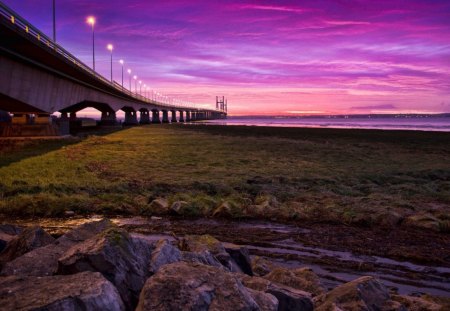 bridge purple sky - purple, beach, sky, bridge