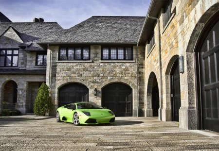 lambotghini green - car, lamborghini, mansion, green