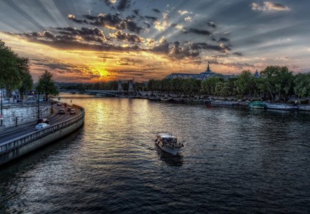 seine river commercial waterway - sunsets, boats, way, river