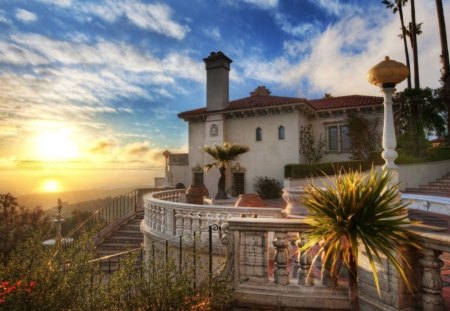 sunrise inside luxery mansion - house, tree, sunrise, sun