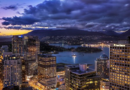 vancouver at dusk canada - canada, lights, buildings, vancouver