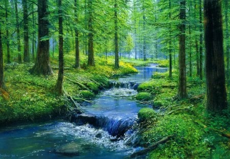 Forest silence - nice, trees, stream, greenery, beautuiful, spring, creek, painting, quiet, art, pretty, river, branches, cascades, summer, lovely, serenity, nature, woods, forest, silence