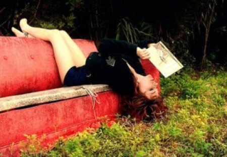 reading - photography, reading, girl, couch, grass