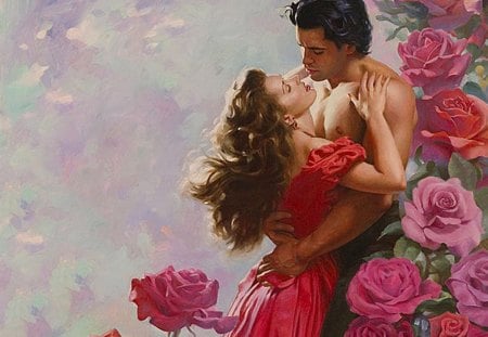 Love Among The Roses - roses, fantasy, kiss, love, woman, man