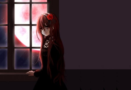 Alone in the Dark - anime, female, dress, night, gloomy, evil, long hair, dark, scary, sad, scare, brown eyes, moon, anime girl, hot, girl, brown hair, flower, black, sinister, rose, floral, sexy