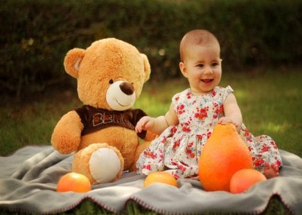 Girl and teddy bear - teddy bear, gir, orange, photo