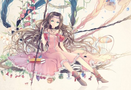 Anime Girl - anime, female, girl, cute, brown hair, pink dress