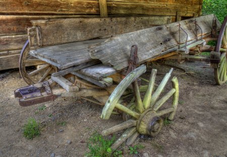 old wooden horse wagon with a flat tire hdr - cabin, old, hdr, broken, wagon