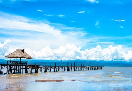 lovely simple sea pier under beautiful sky - sky, beach, pier, clouds, sea