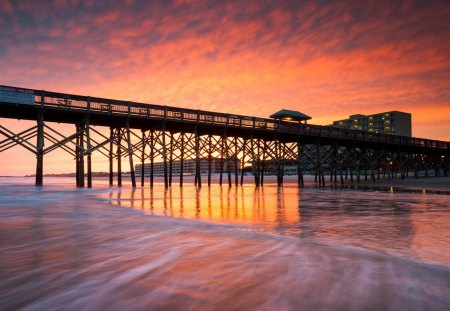 sea pier at wonderful sunset - beach, pier, town, sunset, sea