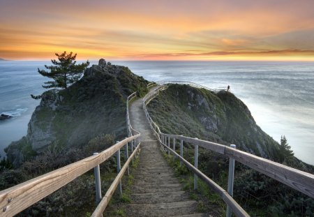 stairs to a coastal point - stairs, rails, sunset, point, coast, sea