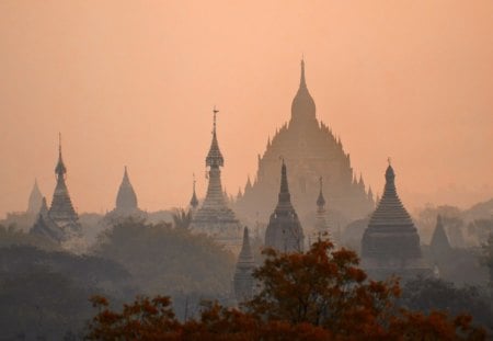 southeastern asian temple in morning haze - haze, trees, towers, temple, morning