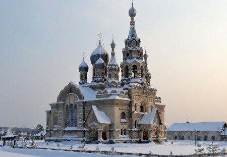 impressive orthodox church in winter - winter, village, towers, chorch