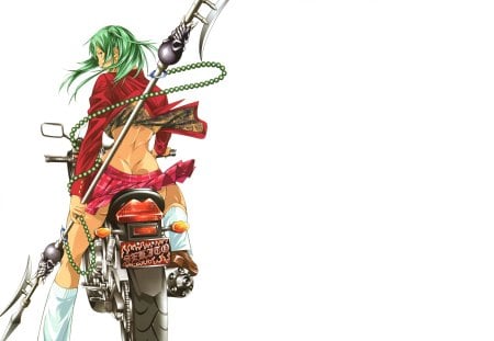 Ryofu Housen - motorbike, short skirt, anime, girl, ryofu housen, ikki tousen, female, vehicle, green hair, weapon, motorcycle