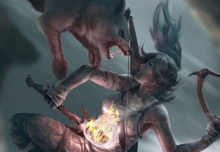 Lara Croft - fighter, game, wolf, girl, torch, flame, light, beast, dark, fantasy, animal, fire, woman, lara croft, fight