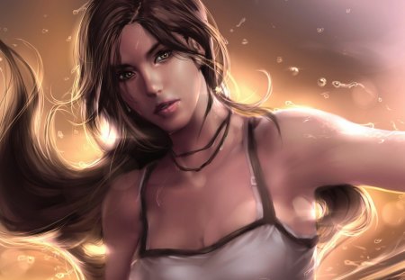 Lara Croft - game, yellow, girl, beauty, fantasy, redhead, fire, woman, lara croft, art