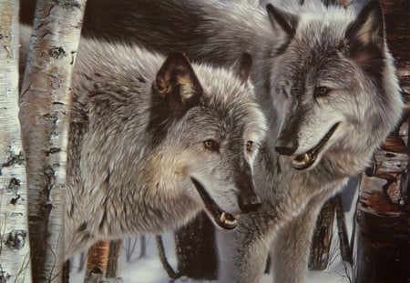 Wolves - pair, predators, artwork, trees, nature