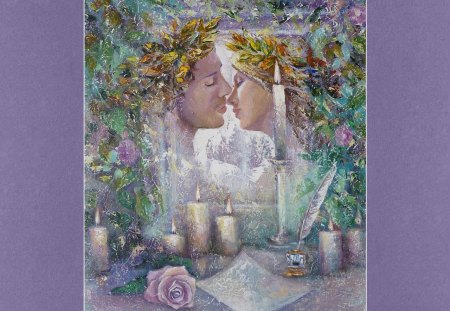 The Kiss - flowers, fantasy, woman, kiss, candles, man