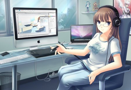 My Work Place - realistic, female, hot, anime girl, brown hair, window, table, headhone, anime, cute, sexy, laptop, girl, computer, long hair, cg, hd, chair, 3d, digital