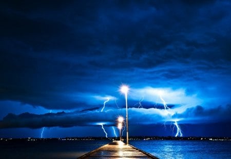 Lighting Over the Sea - night, cool, sea, blue