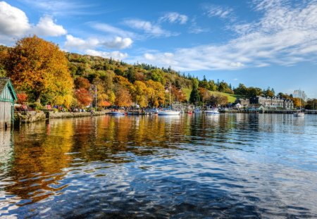 boat marina on a lake in autumn hdr - lake, forest, people, boats, marina, hdr, autumn