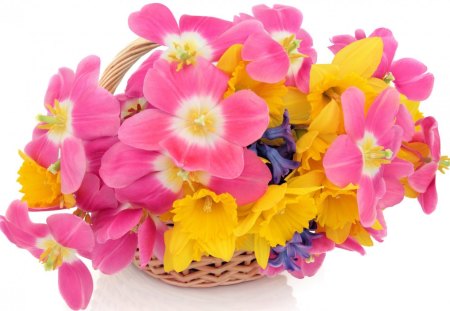 Cute flower arrangement - flowers, basket, yellow, pink