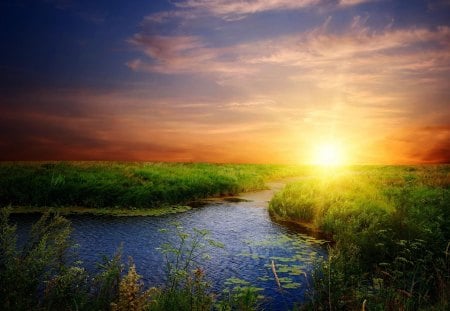 Sunset - River - River, landscape, meadows, Sunset