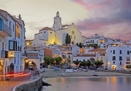 lovely seaside town in spain at dusk - town, lights, dusk, seaside, church