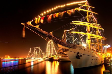 sail ships all lit up in dock - dock, night, harbor, sail ships, lights