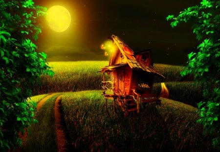 Enchanted nights - nights, butterflies, moon, house, trees, art