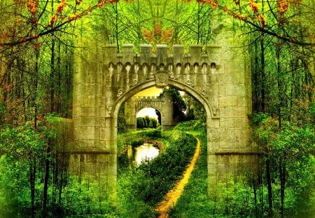 Forest path - path, forests, trees, gate, nature, arch