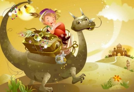 Dino Ride - cute, fantasy, cartoon, dinosaur