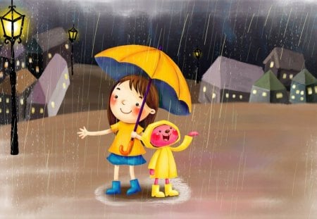 Raindrops are falling on my head - kids, raindrops, fantasy, rain, cute