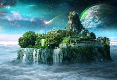 Fantasy island - moon, art, castle, island, sea, fantasy, space