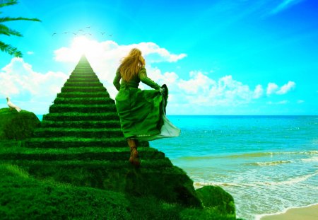 Green stairway - girl, stairway, art, green