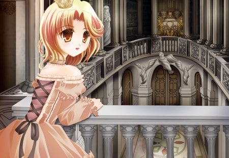 Waiting 4 My Prince  - nice, beauty, princess, female, tiara, crown, anime girl, elegant, brown hair, gorgeous, pretty, anime, house, ribbon, cute, yellow eyes, building, statue, girl, long hair, royalty, gown, lovely, hd, balcony, kawaii, beautiful, sweet, dress