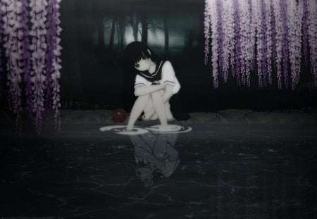 Enma Ai - anime, female, gloomy, reflection, long hair, dark, scary, enma ai, black eyes, scare, anime girl, jigoku shoujo, water, girl, flower, black, sinister, black hair, floral, sexy, ai, hell girl