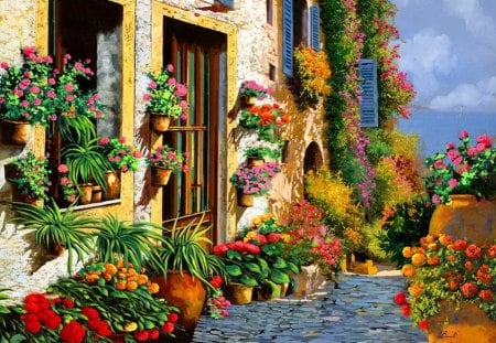 La strada del lago - pretty, villas, summer, town, strada, spring, lago, flowers, lake, nice, art, houses, water, beautiful, sea, lovely, freshness, rest, stones, village, street, nature, painting