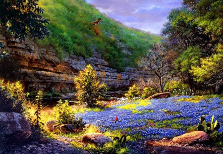 Landscape - rocks, greenery, landscape, beautiful, flowers, stones, blue, art, fresh, freshness, nice, lovely, trees, nature, mountain, painting