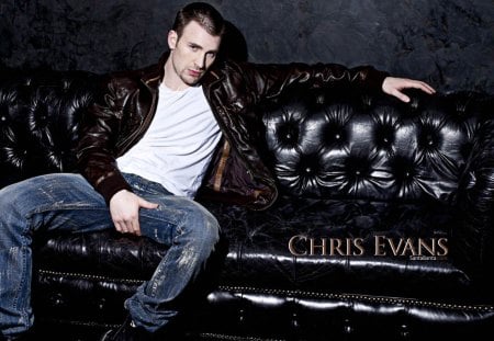 chris evans 6 - black, jacket, sofa, jeans, man