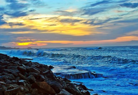 wonderful seacoast sunset - rocks, clouds, coast, sunset, sea, nature, waves