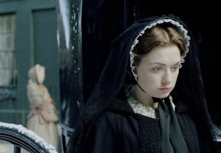 Daniela Denby-Ashe as Margaret Hale - north and south, winter, snow, tv series, girl, beauty, margaret hale, actress, black, white, Daniela Denby-Ashe, woman, movie