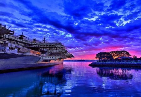 aircraft carrier passing by the bay shore hdr - aircraft carrier, shore, sunset, hdr, bay