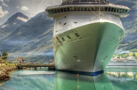 mighty cruise ship at a european port of call - port, cruise ship, town, mountains