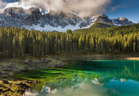 The Innocence Returned - trees, forest, snowy peaks, emerald waters, mountains, landscapes