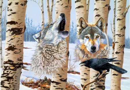 Ghost Wolves - wolf, nature, crow, trees, artword