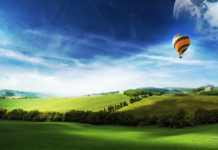 Fantasy landscape - fantasy, balloon, green, landscape, sky